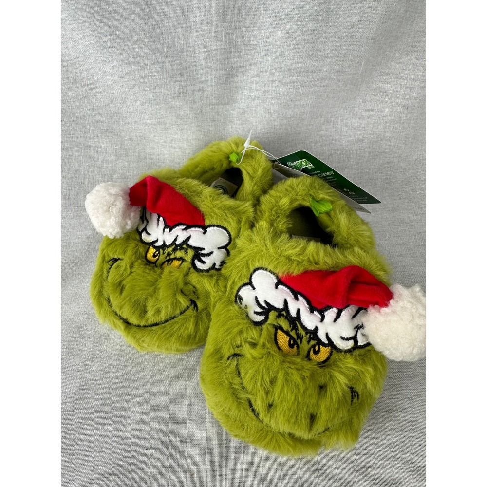 Dr Seuss The Grinch Christmas Plush Slippers Green Santa Hat Toddler 5T-6T NEW